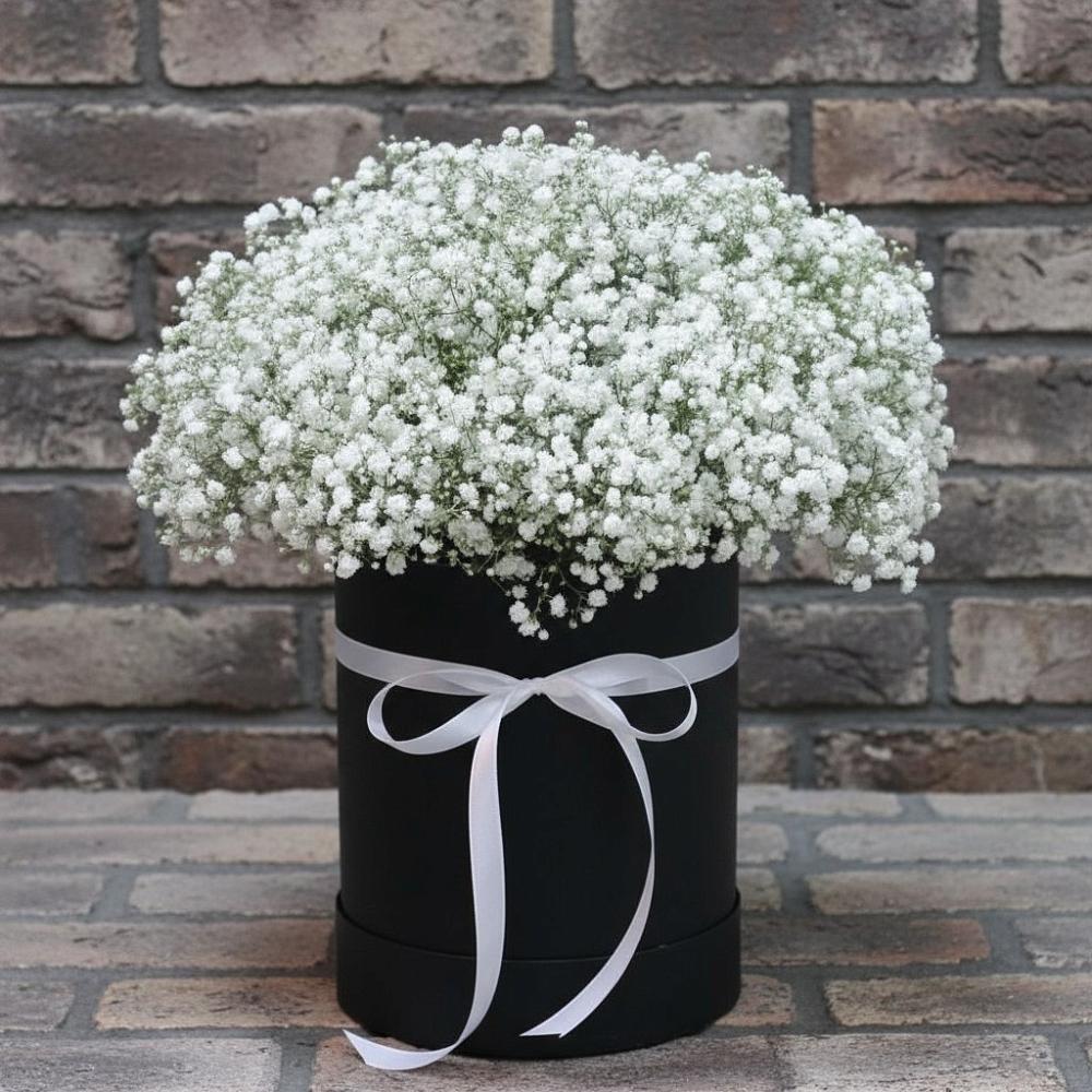 Цветочная композиция из Гипсофила в шляпной коробке в Поселок Лесхоза