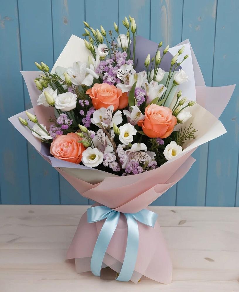 Букет цветов из: Лизиантусы, Розы, Альстромерии и Гипсофила в Поселок Лесхоза
