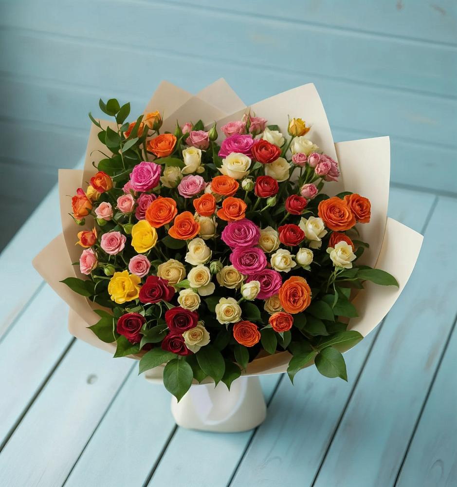 Букет Микс из разноцветных кустовых роз в Поселок Лесхоза