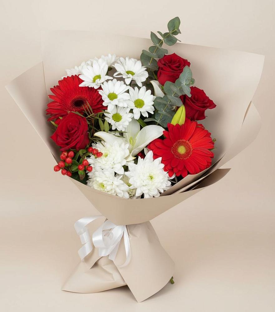 Букет цветов из: Розы, Хризантемы, Герберы и Лилии в Поселок Лесхоза