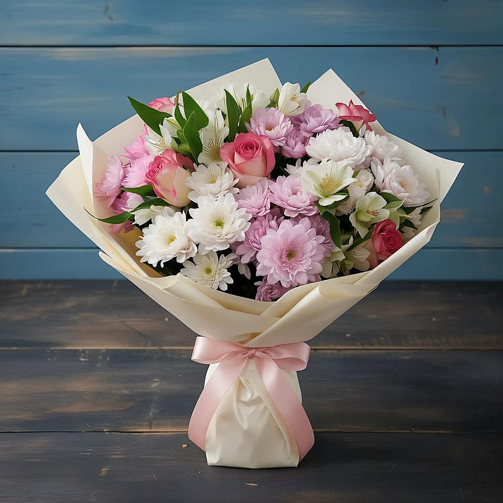 Букет цветов из: Хризантемы, Альстромерии и Розы в Поселок Лесхоза